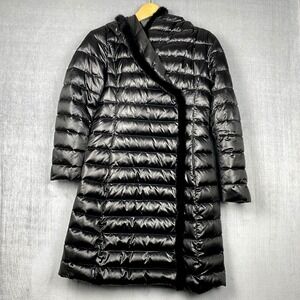 Womens Long Duck Down Puffer Medium Hooded Black Glossy Fur Trim Avant Garde Ski